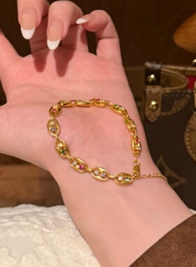 千夕 足金999猪鼻子彩色手链黄金手链女款情人节生日礼物送女友