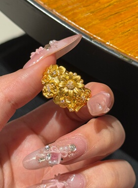 千夕足金9995D镶嵌繁花黄金戒指女款求婚情人节生日礼物送女友