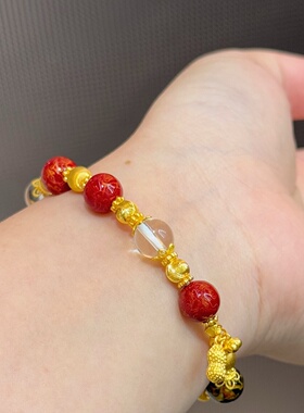 千夕 足金999花生朱砂手串手链黄金手链女款情人节生日礼物送老婆