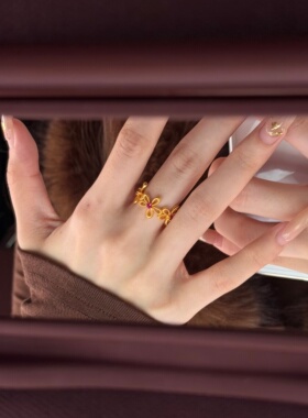 千夕足金999镂空红宝花戒黄金戒指女款送女友七夕情人节生日礼物