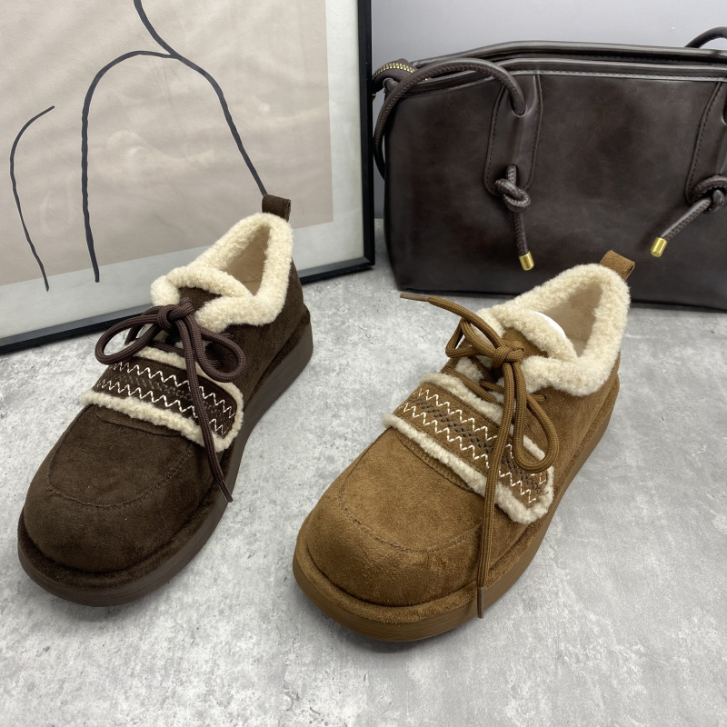 25秋冬编织拼接毛毛勃肯鞋女冬季百搭平跟系带加绒保暖女棉鞋 - 图2