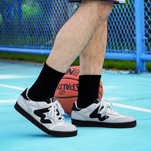 顽刻ollieskate白黑拼色翻毛皮拼接生胶底W系列国潮德训滑板鞋 - 图1