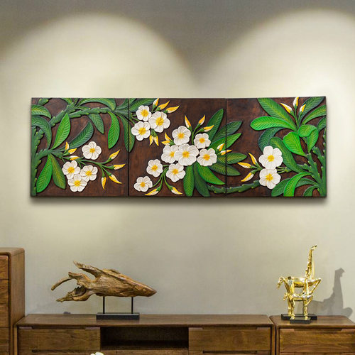 泰国鸡蛋花壁饰东南亚客厅电视背景墙装饰画 三联实木立体浮雕画 - 图0