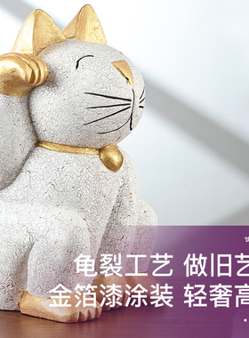 泰国手工木雕木质招财猫摆件创意动物造型客厅书房卧室装饰品摆设