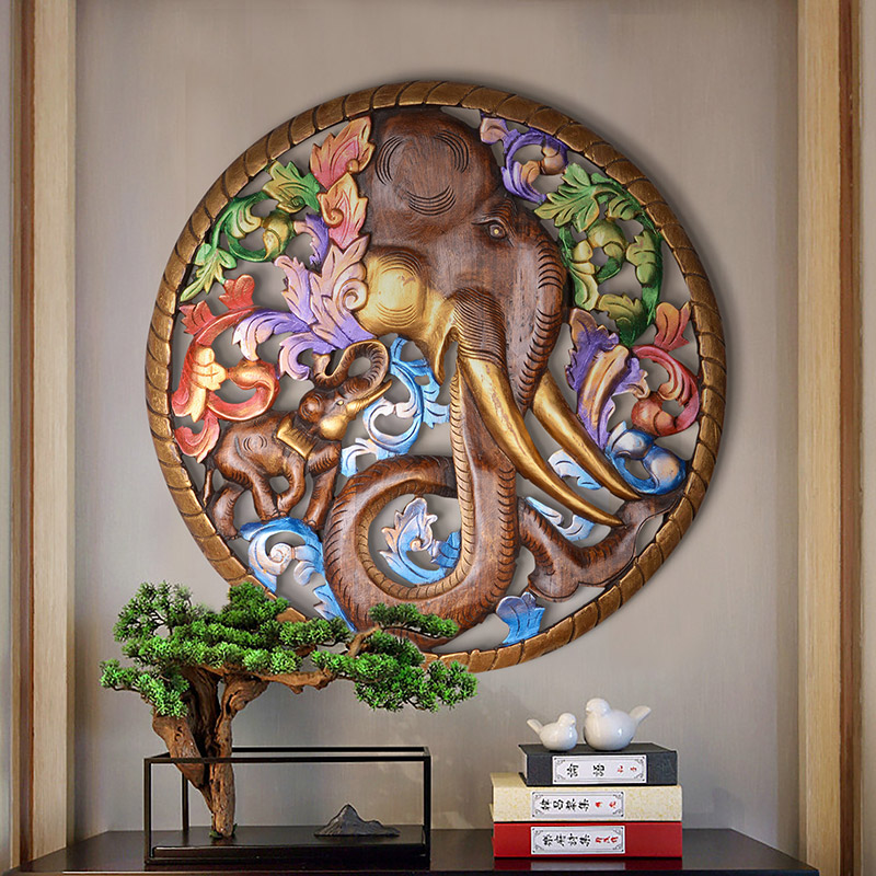 泰国雕刻工艺品东阳木雕花格大象壁挂墙饰客厅玄关背景墙装饰挂件-图0