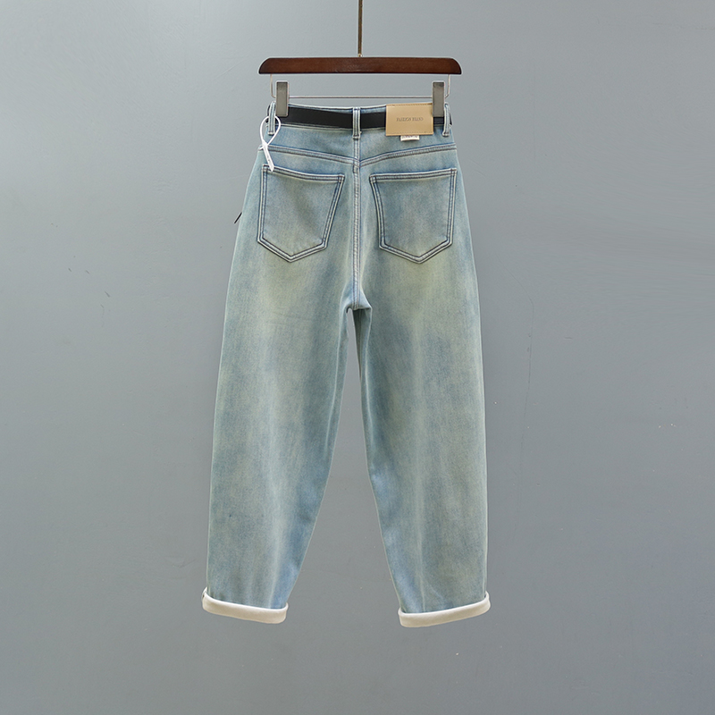 浅蓝色高腰哈伦牛仔裤女2025秋冬复古加绒加厚宽松休闲老爹萝卜裤 - 图0