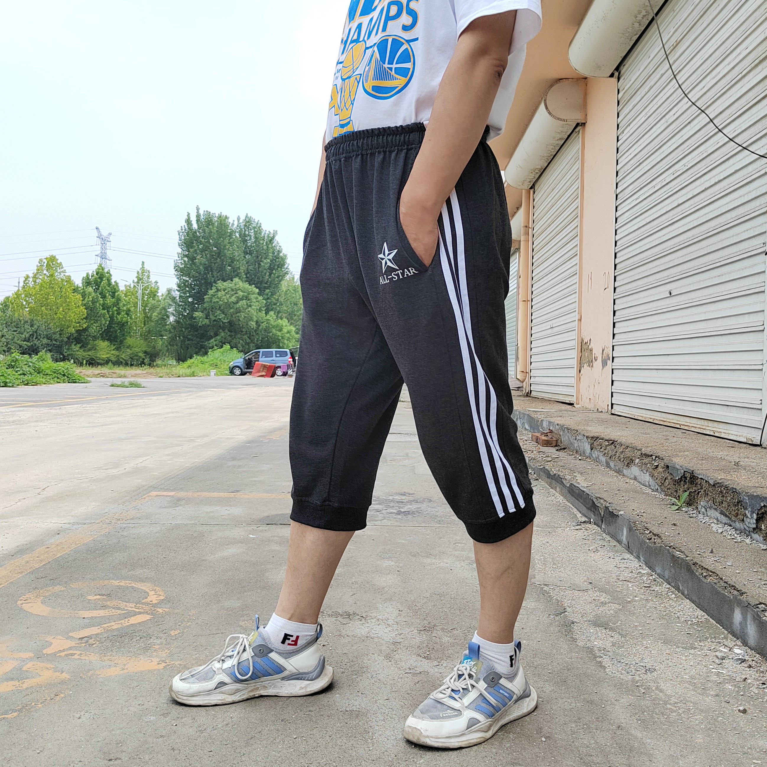 夏季新款纯棉运动七分裤男三条杠短裤加大码宽松外贸束脚薄款针织,淘宝优惠券,粉丝福利购,淘宝优惠卷