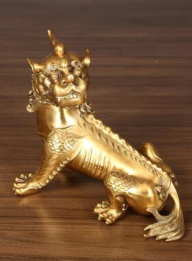 九华山谛谛听听地坐骑独角王摆神兽黄铜铜件客厅办公室装藏饰开业
