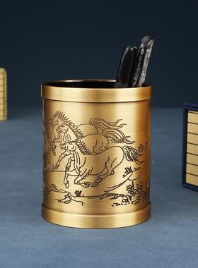 黄铜笔筒居黄铜雕花装品摆件书房用品礼品工设艺品饰摆教师礼家物