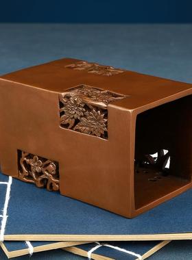 紫铜笔筒梅兰菊办公室摆件工品家居饰品方装竹紫铜方竹艺竹笔筒