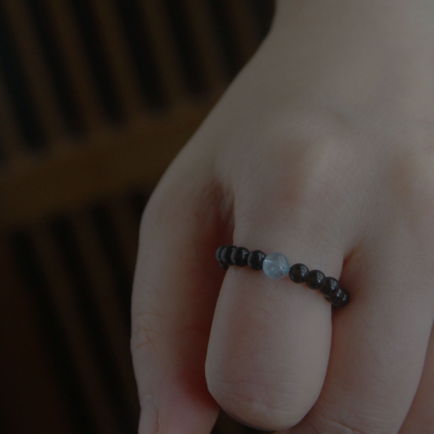 Natural obsidian ring aquamarine transfer beads