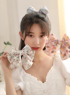 三层碎花发夹布艺少女大蝴蝶结