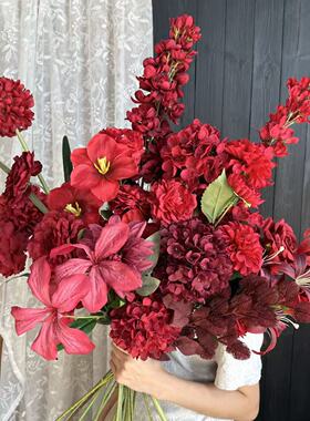 红色系仿真花婚庆用花婚礼堂假花家居装饰玫瑰花仿真花束绢花摆件