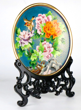 北京圆盘牡丹富贵花开摆件景泰蓝