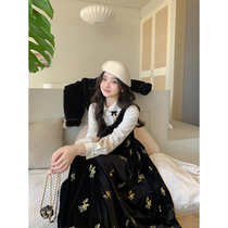 Flower Chestnut Mouse Lady Lira Opera House Embroidered Velvet Small Black Dress Plus Suede Shirt Woman Autumn Winter Skirt Suit