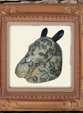 孤品意大利式手工彩绘裂纹青花陶瓷招财转运装饰驴头风水摆件