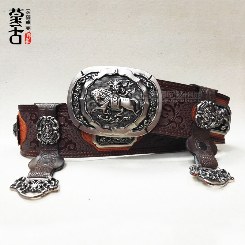 蒙古族腰带男士纯皮蒙古袍佩饰复古个性手工传统民族成人款加宽 - 图0