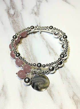 原创diy水晶串珠饰品马达加斯加粉晶925银小圆牌手链ins饰品百搭