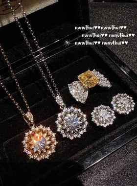 意大利复古星芒雪花宝石项链 Vintage镀18K金 太阳花锆石耳环套装