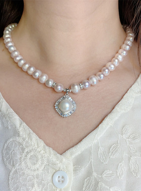 925银镶珍珠吊坠强光微瑕气质珍珠项锁骨链送老婆礼物女夏饰品