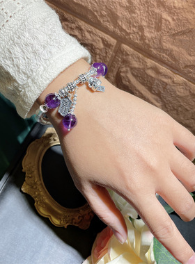 乌拉圭紫水晶999银转运珠复古手链店主设计小众流苏招财猫实拍