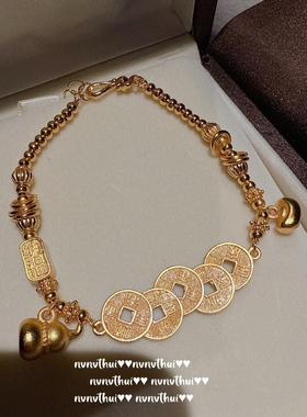 古法金色 錾雕星星小黄鱼盘缠手串 新中式 富婆 铜币葫芦福珠手串