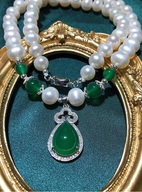 强光微瑕经典天然珍珠玉髓项链925银扣妈妈母亲节礼物饰品