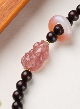 小叶紫檀水飞砂草莓晶貔貅手链天然水晶朱砂盐源玛瑙跑环手串批发
