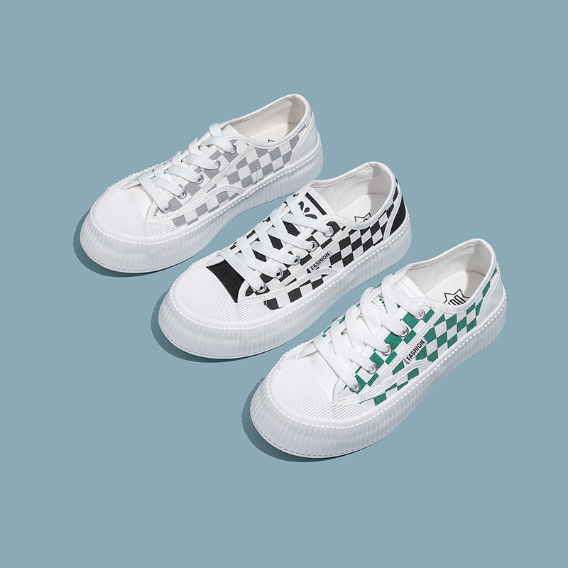 大东时尚帆布鞋女鞋2022春秋新款休闲圆头棋盘格系带厚底学生7060
