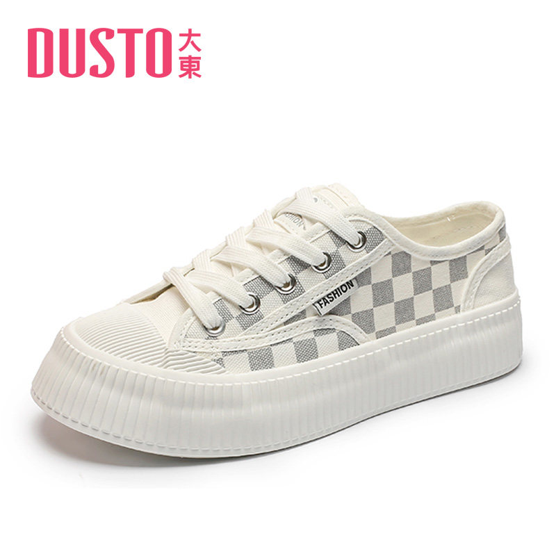 大东时尚帆布鞋女鞋2022春秋新款休闲圆头棋盘格系带厚底学生7060