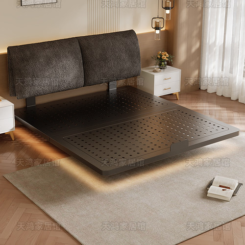 悬浮床双人床卧室家用碳素钢架单人洞洞板可升降雪尼尔软包铁艺床 - 图0