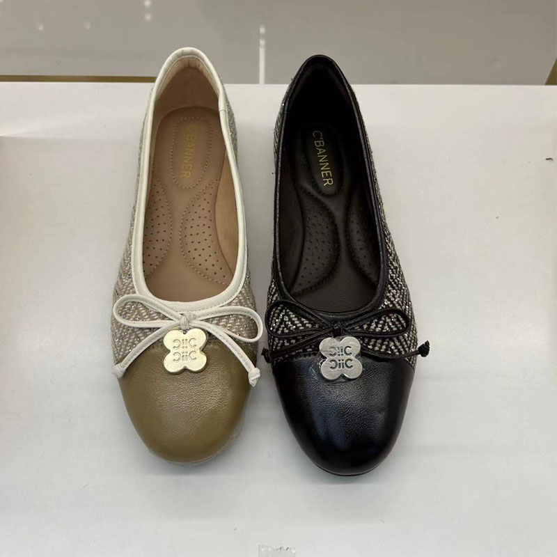 C.BANNER千百度2025秋正品圆头粗跟蝴蝶结浅口拼色单鞋A25482471 - 图1