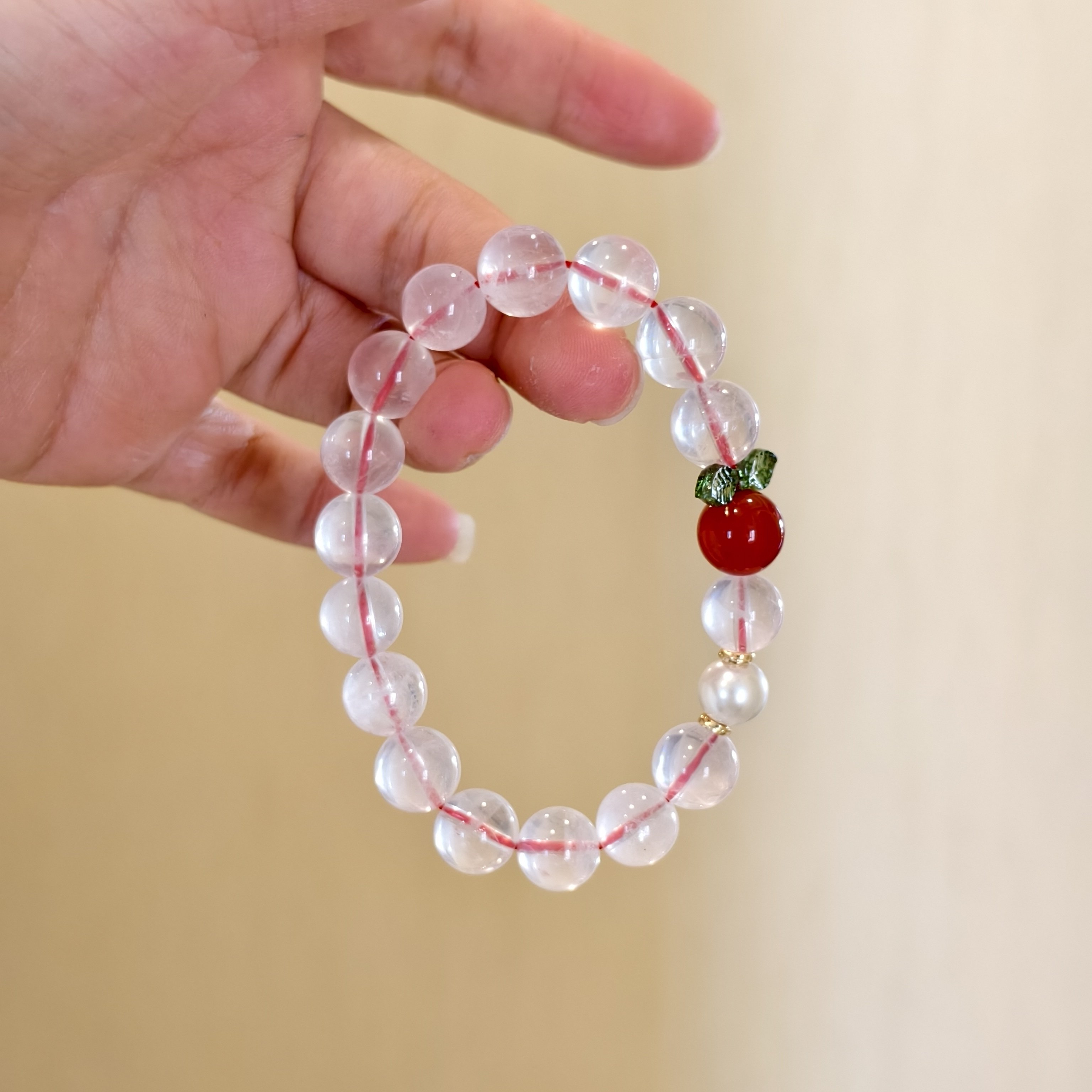天然粉水晶手链女款单圈红苹果珍珠手链饰品送女友闺蜜生日礼物,淘宝优惠券,粉丝福利购,淘宝优惠卷