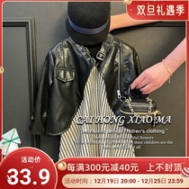 Korean Boy Clothing Girl Suits 23 Autumn Style Large Boy Fashion Irregular Leather Coat Jacket Blouse Striped pendant with skirt