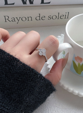精致锆石四叶草双头可调节开口指环戒指女小众高级轻奢食指戒热销