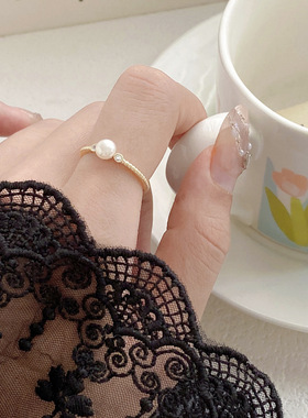 天然淡水珍珠螺旋花纹可调节开口指环戒指女小众高级轻奢食指戒