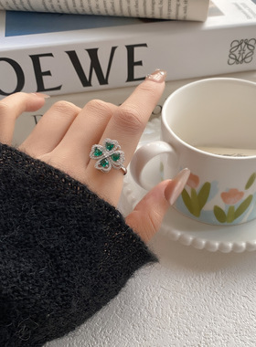 祖母绿色锆石四叶草可调节旋转开口指环戒指女小众高级轻奢食指戒