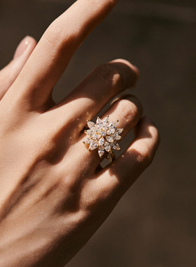 冷淡轻奢风冰棱花雪花锆石高档闭口指环戒指女小众高级感食指戒