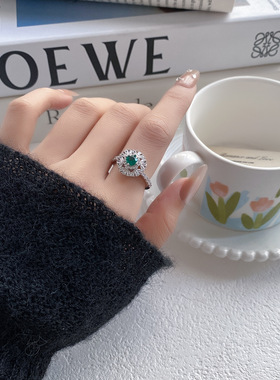祖母绿色纳米锆石雪花可调节开口指环戒指女小众高级轻奢食指戒