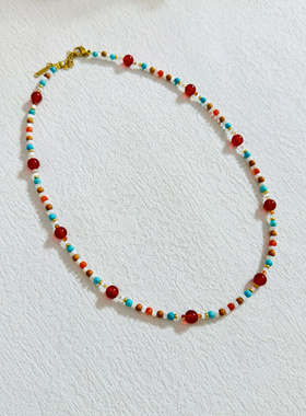 天然南红玛瑙绿松石橄榄核白贝壳原创设计红白蓝色串珠项链