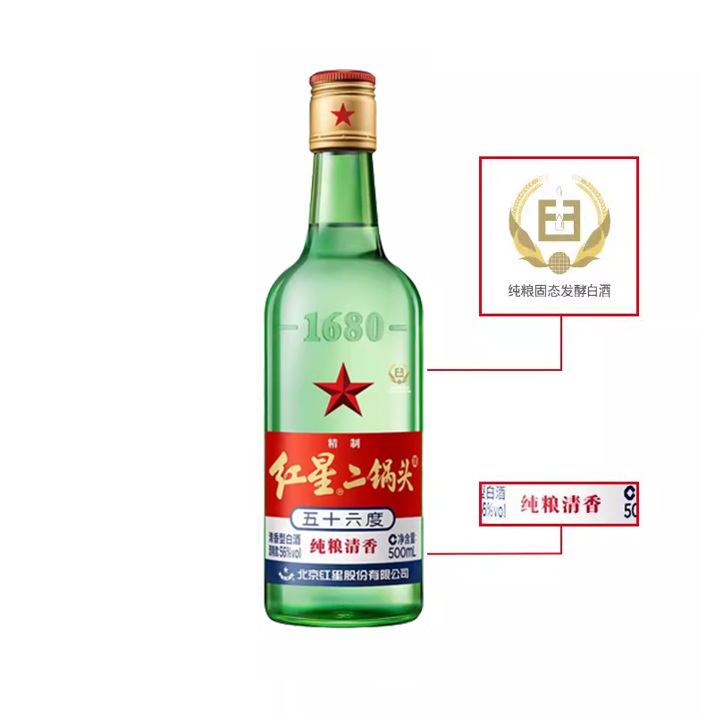北京红星二锅头大二绿瓶56度500ML*12瓶整箱装清香型白酒 - 图1