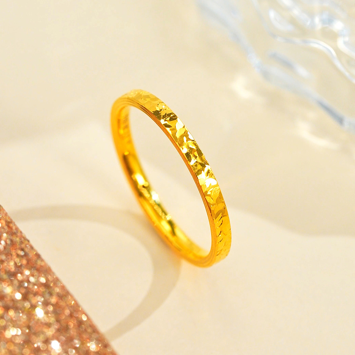 Crushed Ice Pure Gold Ring Ring for Women, Hand Accessory, Holiday Gift for Girls