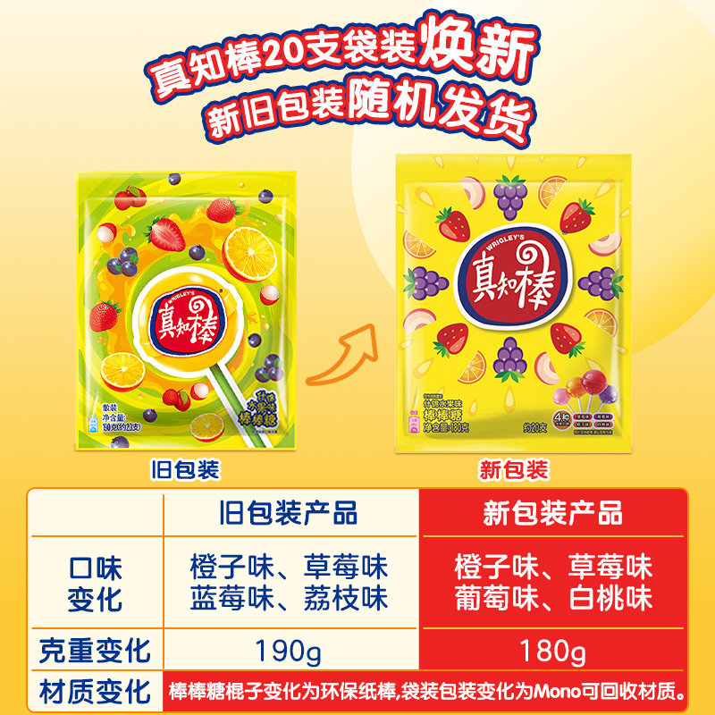 真知棒缤纷果味约20支180g*1袋儿童零食婚庆喜糖果新旧包装随机发,淘宝优惠券,粉丝福利购,淘宝优惠卷