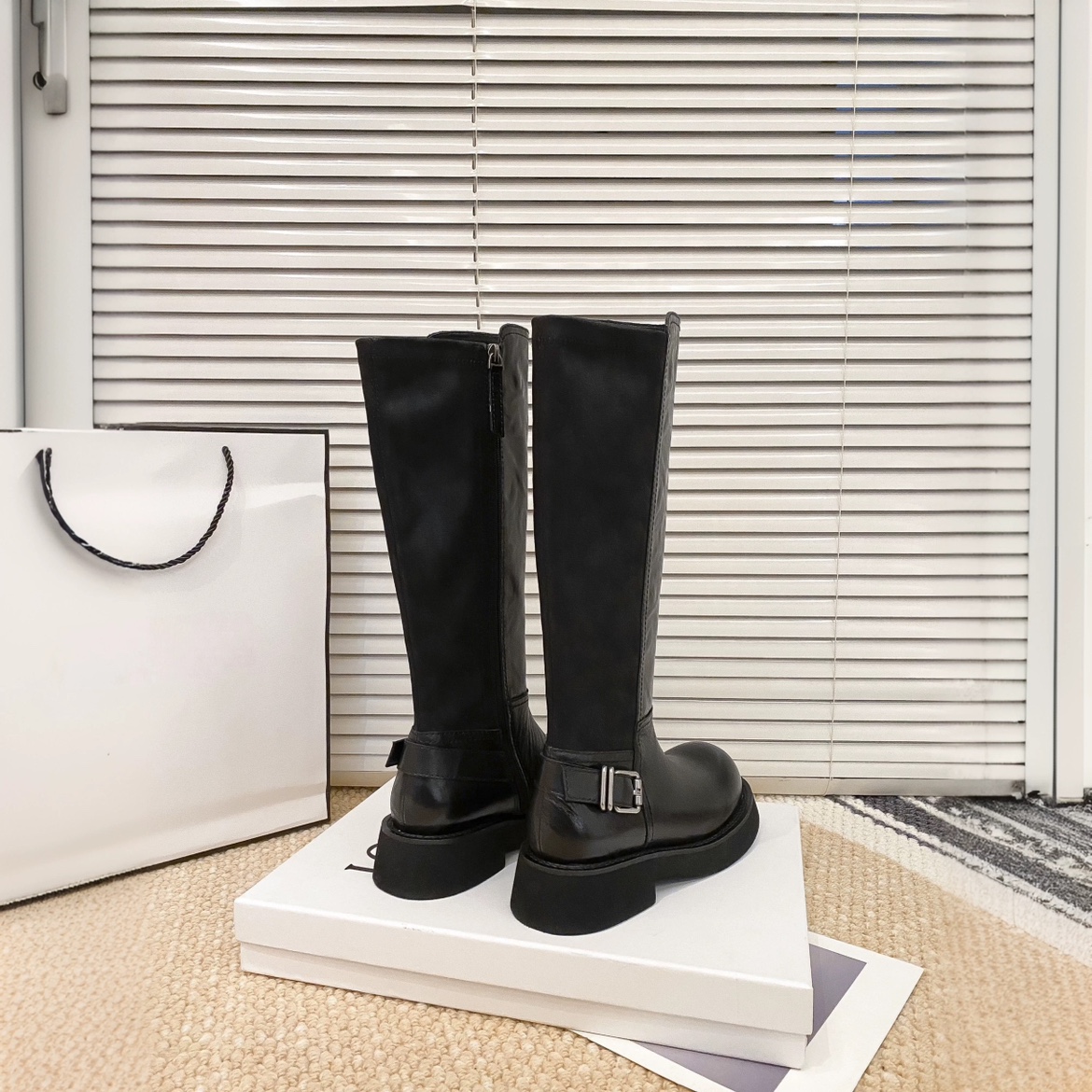 3669-5新款马皮拼接弹力布4分跟骑士厚底长筒靴 - 图0