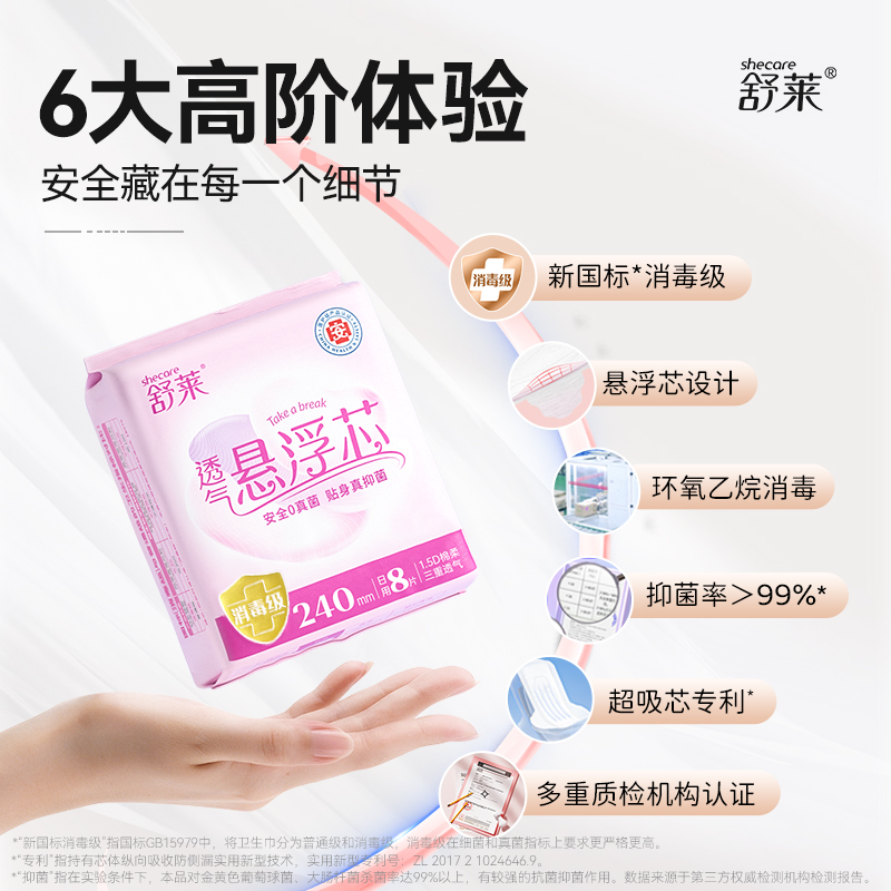 【消毒级】舒莱卫生巾99%抑菌透气悬浮芯9包80片加宽防侧漏姨妈巾