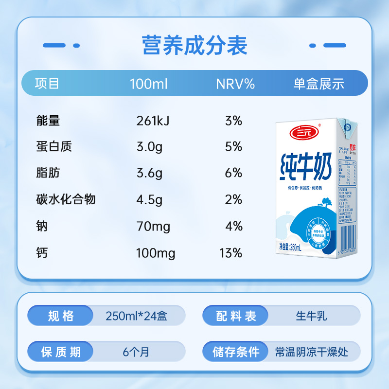 三元方白纯牛奶250ml*24盒*2箱 早餐搭档优质乳蛋白