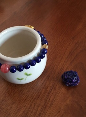 6mm少白少金矢车菊蓝青金石圆珠手链配红纹999金kitty猫金发晶