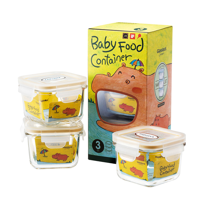 天猫超市包邮Glasslock原装进口婴幼儿玻璃辅食盒便携奶粉盒3件套送辅食勺0