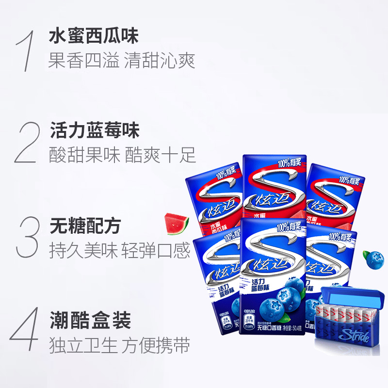 炫迈西瓜味蓝莓味组合100.8g*3袋共6盒约168片无糖口香糖六一儿童