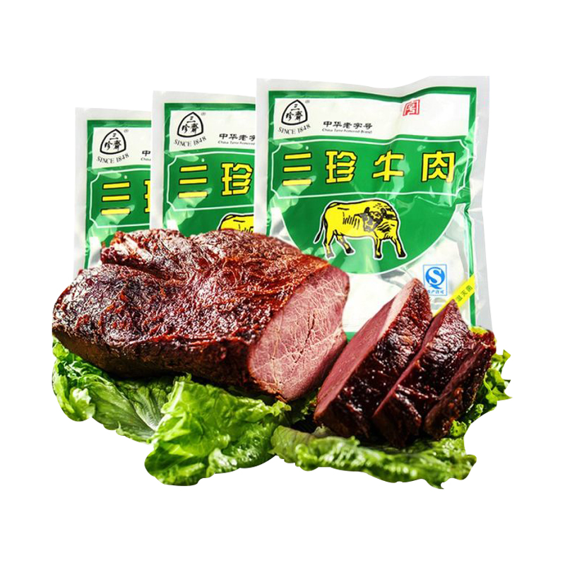 三珍斋牛肉真空包装即食速食熟食食品卤味小吃100g*3袋午餐肉罐头 - 图0